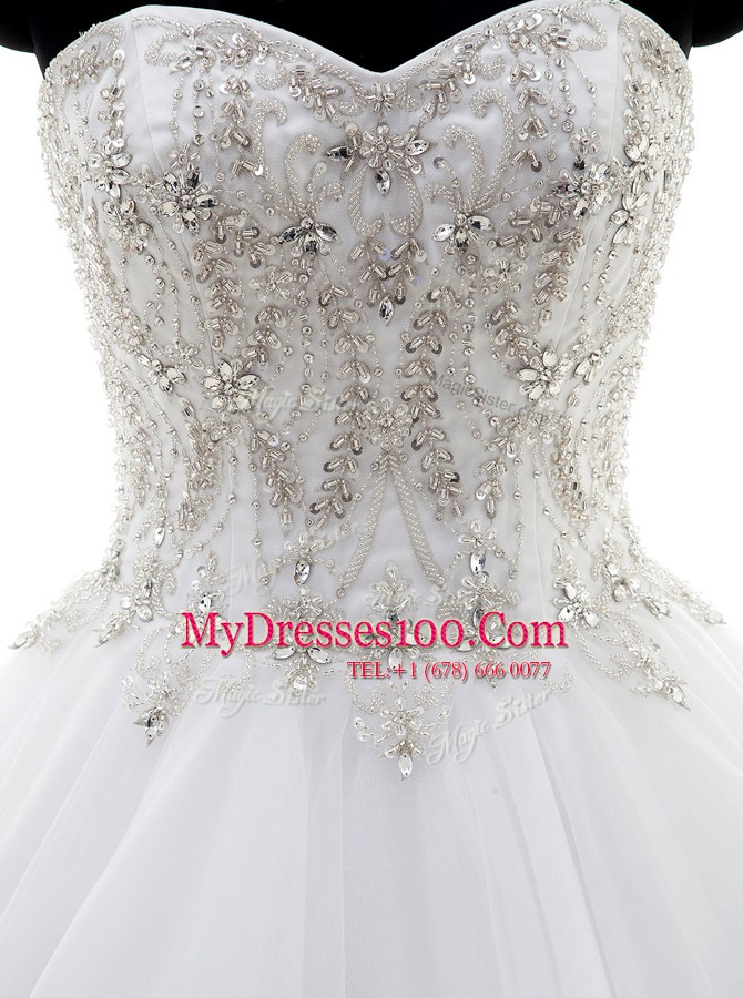 White Wedding Dresses Wedding Party and For with Beading Sweetheart Sleeveless Brush Train Clasp Handle