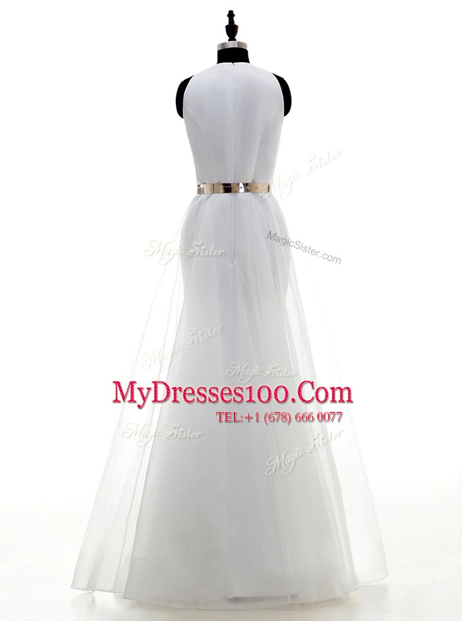 White Wedding Dress Wedding Party and For with Ruching and Belt Scoop Sleeveless Zipper