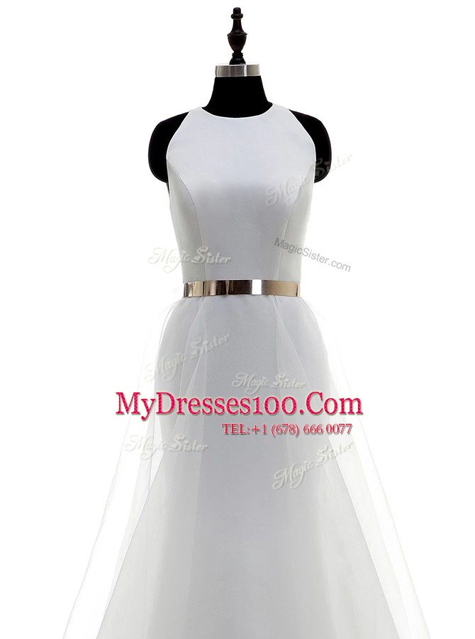 White Wedding Dress Wedding Party and For with Ruching and Belt Scoop Sleeveless Zipper
