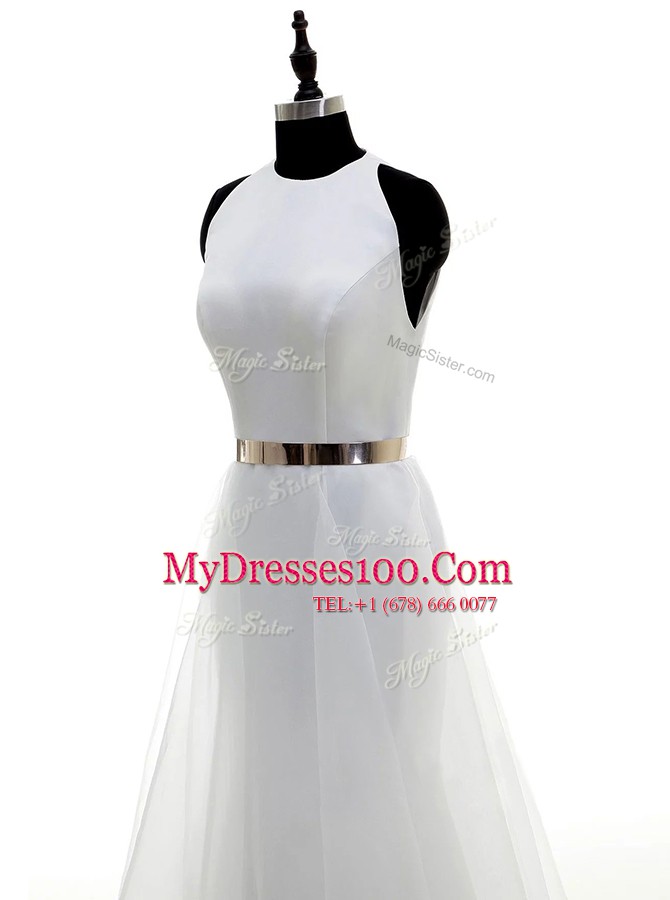 White Wedding Dress Wedding Party and For with Ruching and Belt Scoop Sleeveless Zipper