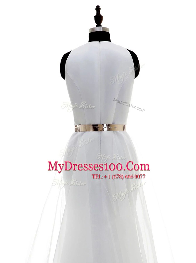 White Wedding Dress Wedding Party and For with Ruching and Belt Scoop Sleeveless Zipper