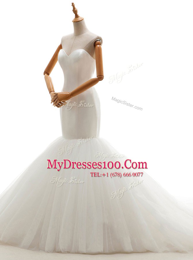 Mermaid White Sweetheart Neckline Ruching Wedding Gowns Sleeveless Lace Up