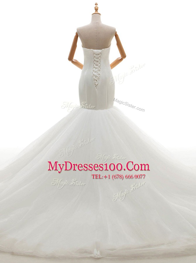 Mermaid White Sweetheart Neckline Ruching Wedding Gowns Sleeveless Lace Up