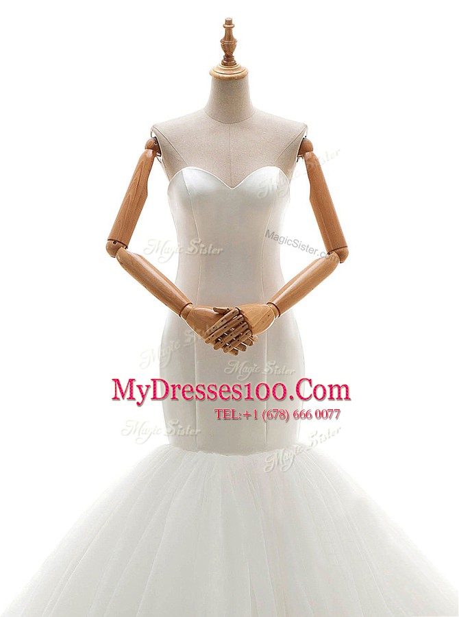 Mermaid White Sweetheart Neckline Ruching Wedding Gowns Sleeveless Lace Up