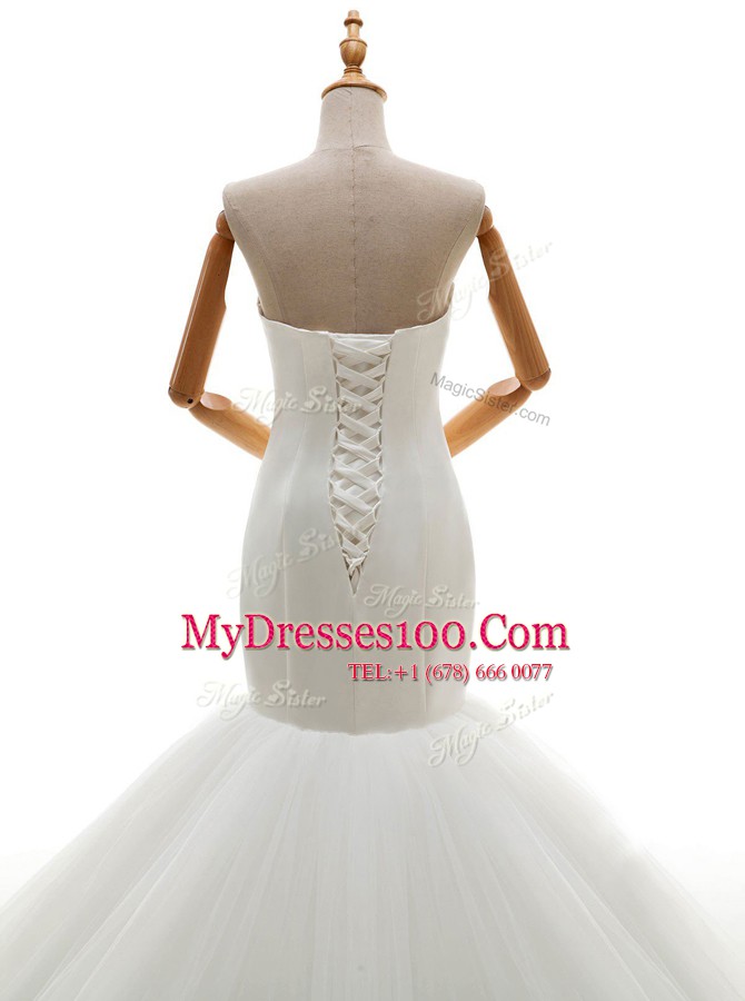 Mermaid White Sweetheart Neckline Ruching Wedding Gowns Sleeveless Lace Up
