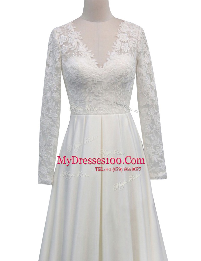 Long Sleeves Satin With Brush Train Clasp Handle Wedding Dress in White with Lace
