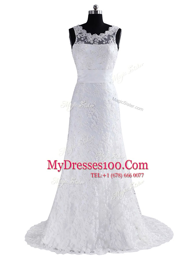 Cheap Scoop With Train White Wedding Gown Lace Brush Train Sleeveless Lace and Appliques and Bowknot