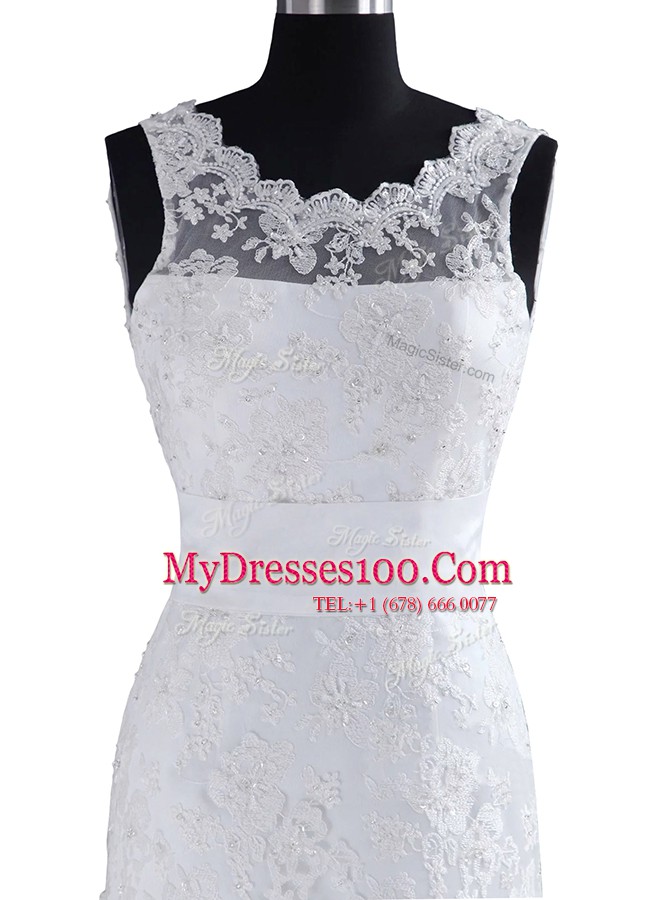 Cheap Scoop With Train White Wedding Gown Lace Brush Train Sleeveless Lace and Appliques and Bowknot
