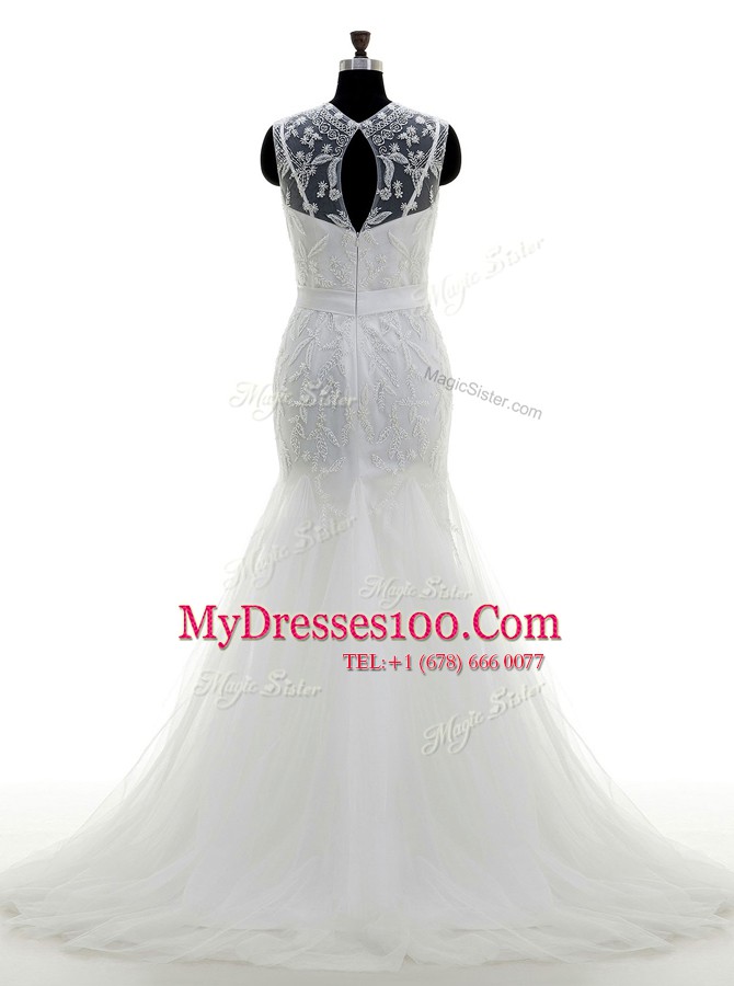 Mermaid Scoop Sleeveless Brush Train Beading Zipper Wedding Gown