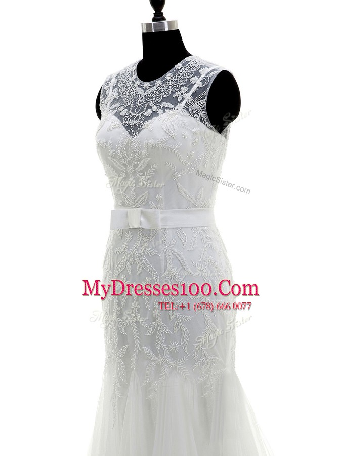 Mermaid Scoop Sleeveless Brush Train Beading Zipper Wedding Gown