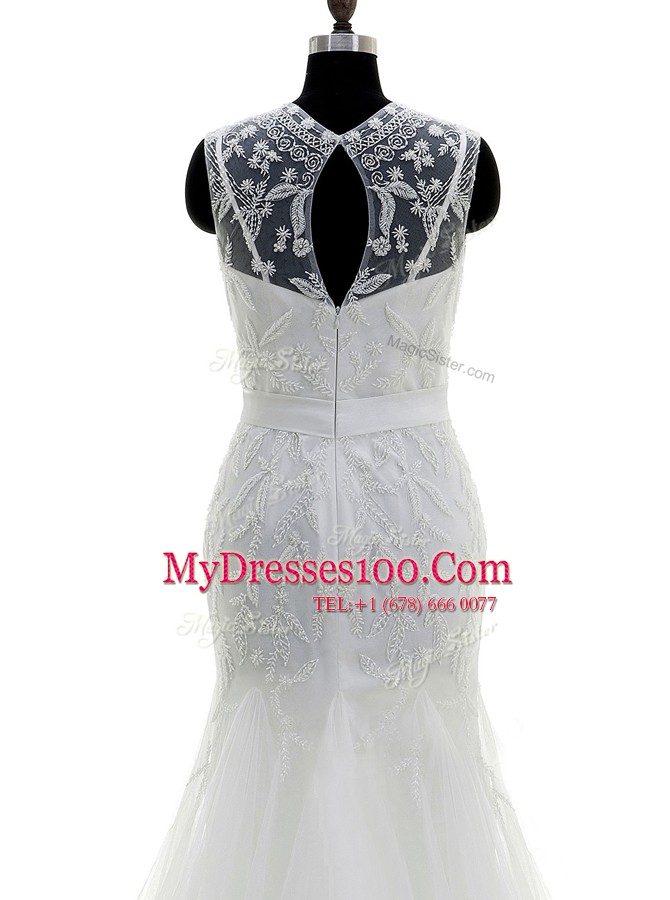 Mermaid Scoop Sleeveless Brush Train Beading Zipper Wedding Gown