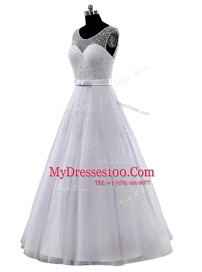 Sexy Scoop White Sleeveless Beading and Belt Floor Length Wedding Dress