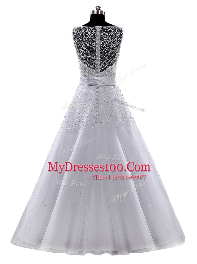 Sexy Scoop White Sleeveless Beading and Belt Floor Length Wedding Dress