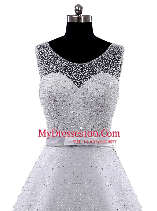 Sexy Scoop White Sleeveless Beading and Belt Floor Length Wedding Dress