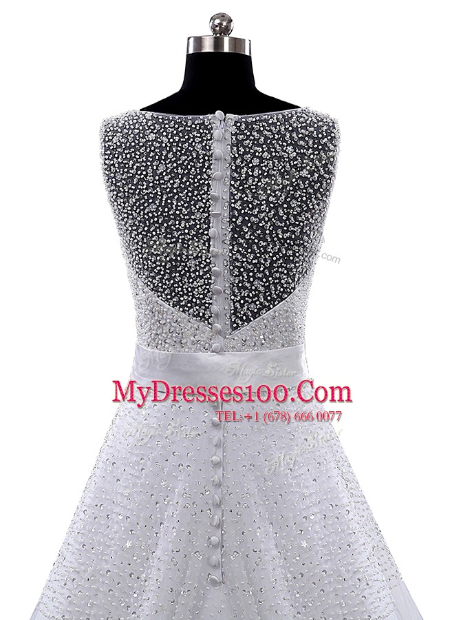 Sexy Scoop White Sleeveless Beading and Belt Floor Length Wedding Dress