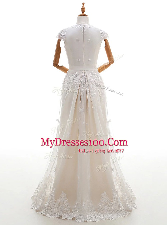 Exceptional Scoop Cap Sleeves Tulle Wedding Dress Lace and Appliques Brush Train Zipper