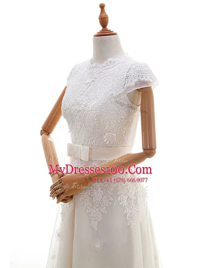 Exceptional Scoop Cap Sleeves Tulle Wedding Dress Lace and Appliques Brush Train Zipper