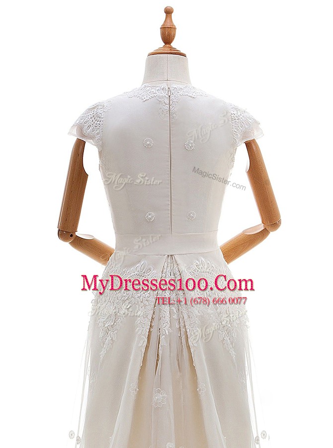 Exceptional Scoop Cap Sleeves Tulle Wedding Dress Lace and Appliques Brush Train Zipper