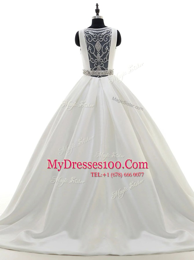 Scoop Sleeveless With Train Beading Zipper Wedding Gowns with White Sweep Train