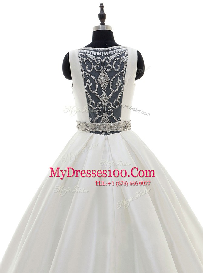 Scoop Sleeveless With Train Beading Zipper Wedding Gowns with White Sweep Train