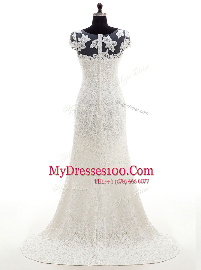 White Lace Zipper Scoop Cap Sleeves With Train Wedding Gowns Brush Train Lace