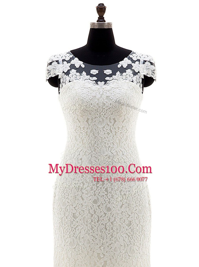 White Lace Zipper Scoop Cap Sleeves With Train Wedding Gowns Brush Train Lace