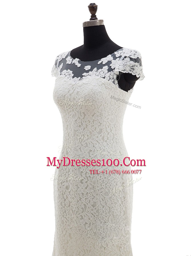 White Lace Zipper Scoop Cap Sleeves With Train Wedding Gowns Brush Train Lace