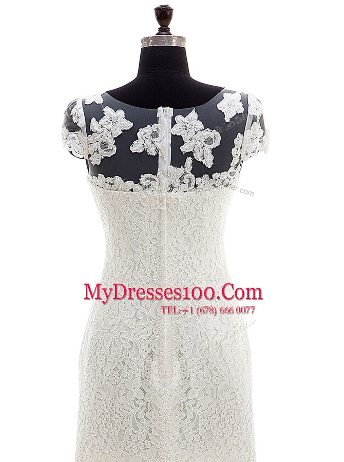White Lace Zipper Scoop Cap Sleeves With Train Wedding Gowns Brush Train Lace