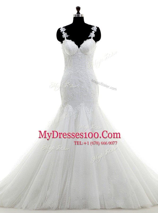 Nice Mermaid With Train White Wedding Dress Spaghetti Straps Sleeveless Brush Train Side Zipper