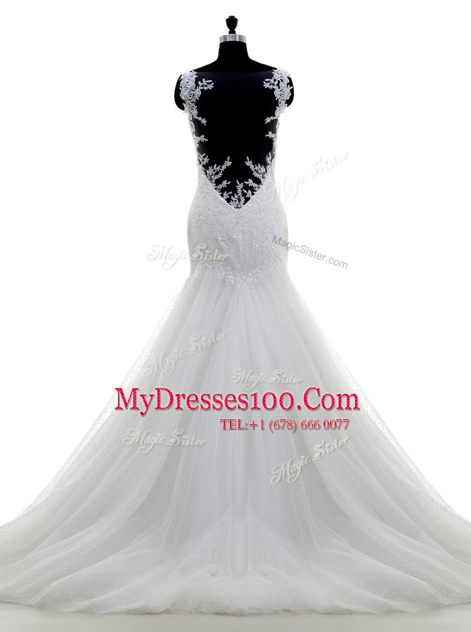 Nice Mermaid With Train White Wedding Dress Spaghetti Straps Sleeveless Brush Train Side Zipper