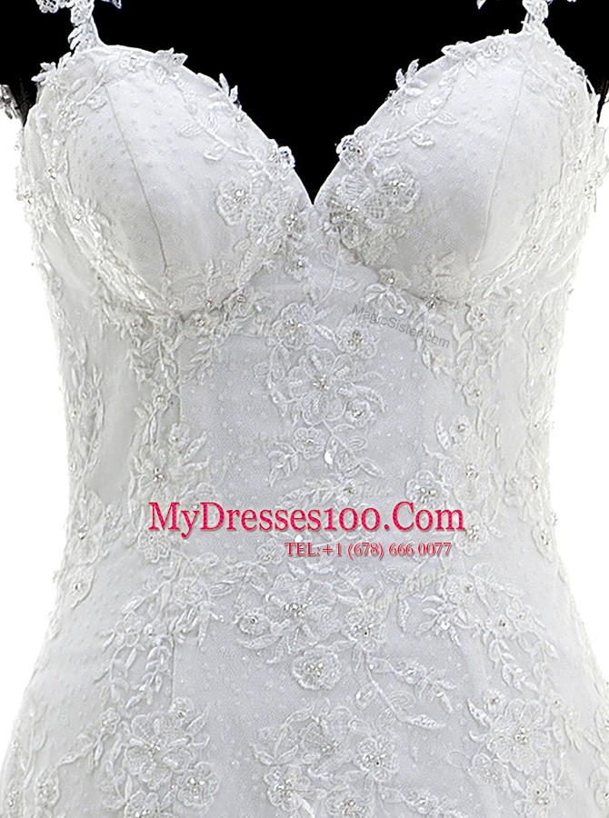 Nice Mermaid With Train White Wedding Dress Spaghetti Straps Sleeveless Brush Train Side Zipper