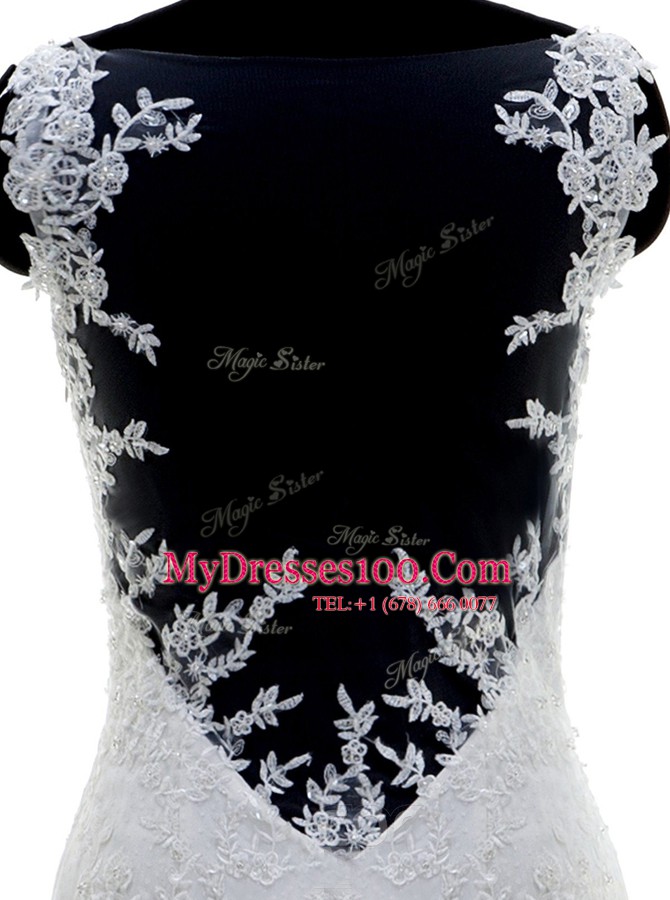 Nice Mermaid With Train White Wedding Dress Spaghetti Straps Sleeveless Brush Train Side Zipper