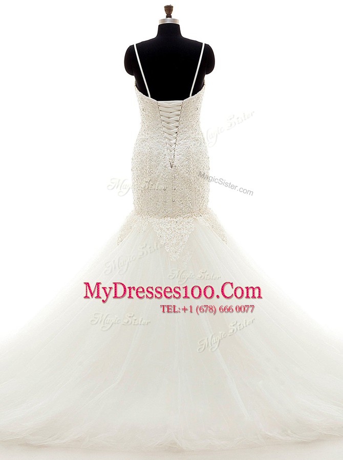 Fabulous Mermaid White Lace Up Wedding Dress Beading and Lace Sleeveless With Brush Train