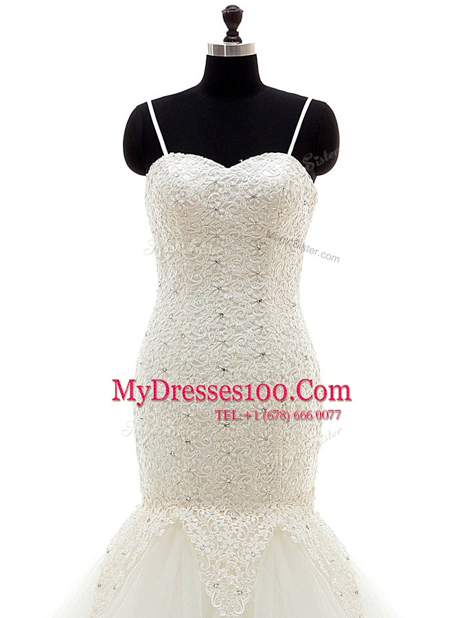 Fabulous Mermaid White Lace Up Wedding Dress Beading and Lace Sleeveless With Brush Train