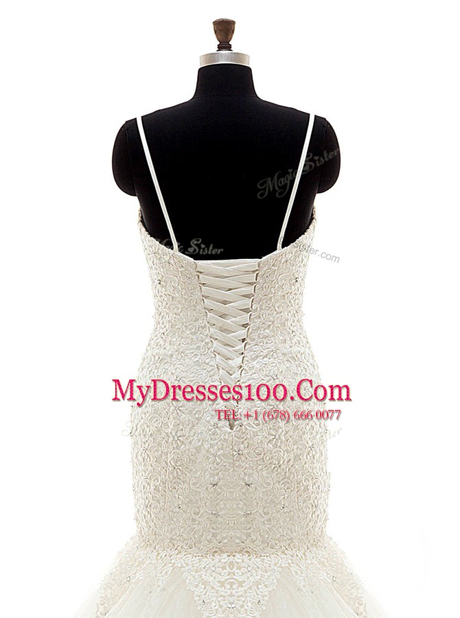 Fabulous Mermaid White Lace Up Wedding Dress Beading and Lace Sleeveless With Brush Train