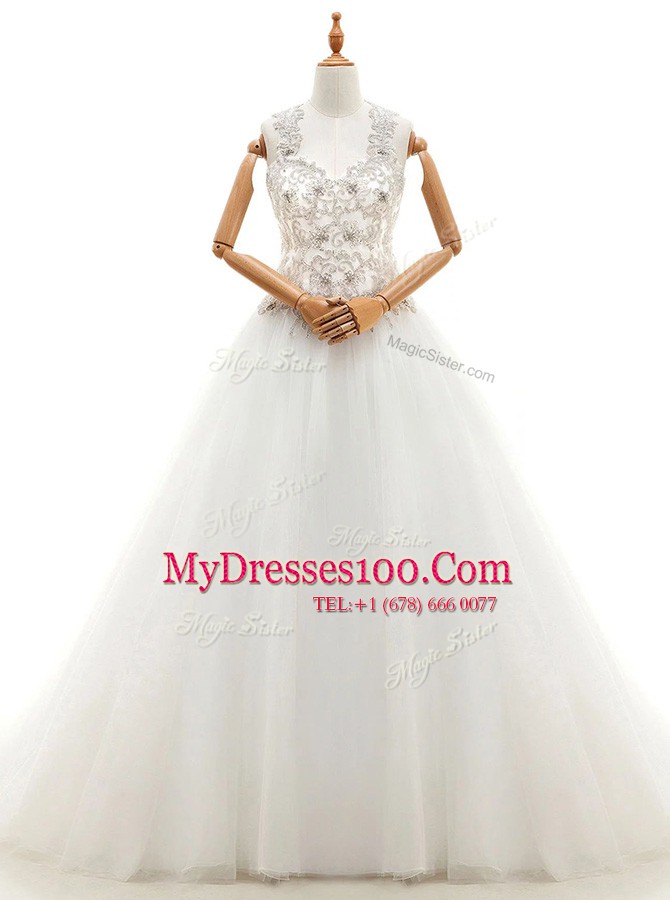 Sleeveless Brush Train Beading and Lace Lace Up Wedding Dress