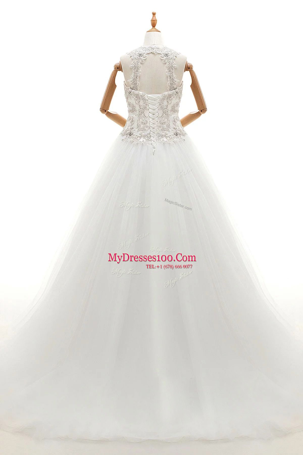 Sleeveless Brush Train Beading and Lace Lace Up Wedding Dress