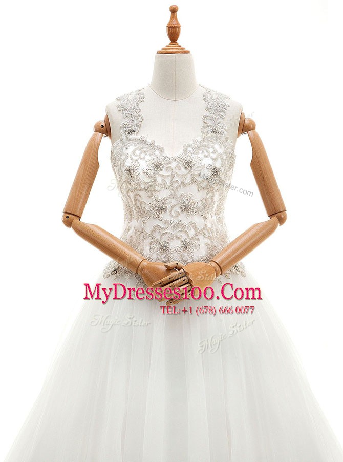 Sleeveless Brush Train Beading and Lace Lace Up Wedding Dress