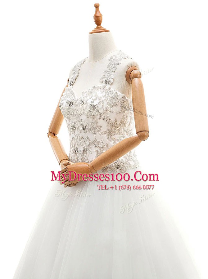 Sleeveless Brush Train Beading and Lace Lace Up Wedding Dress