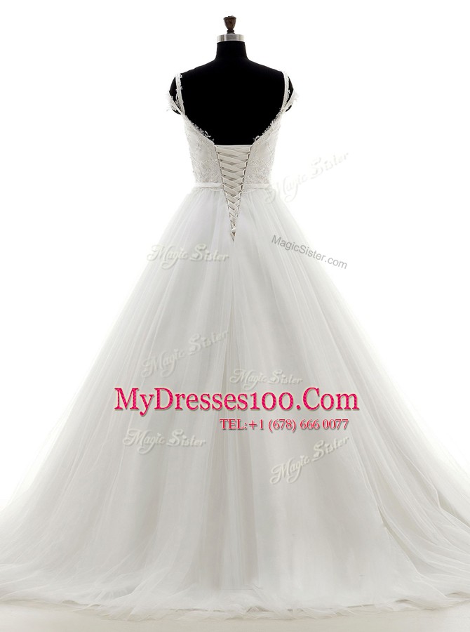 Spaghetti Straps Sleeveless Brush Train Lace Up Wedding Gowns White Tulle