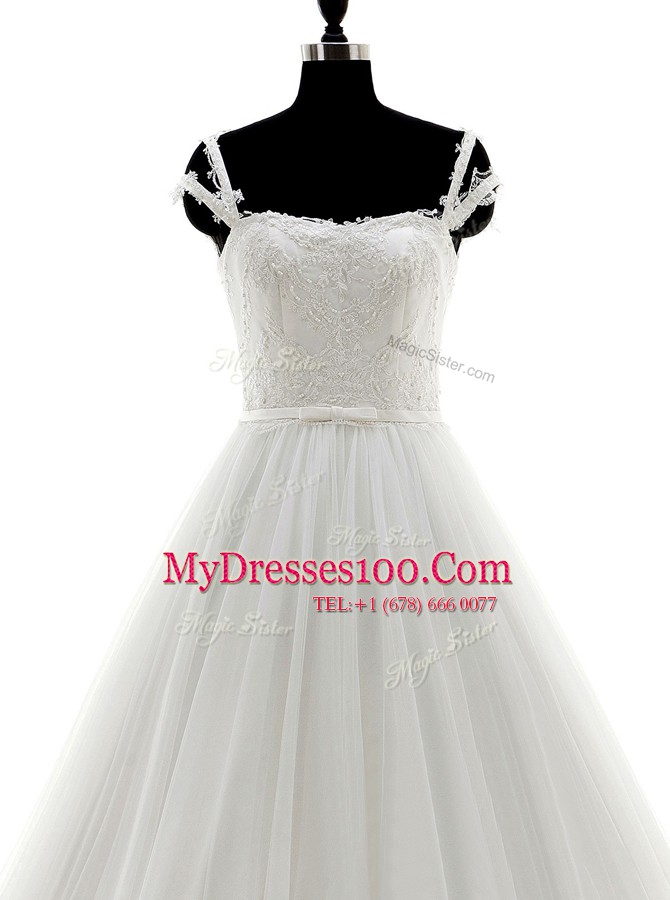 Spaghetti Straps Sleeveless Brush Train Lace Up Wedding Gowns White Tulle