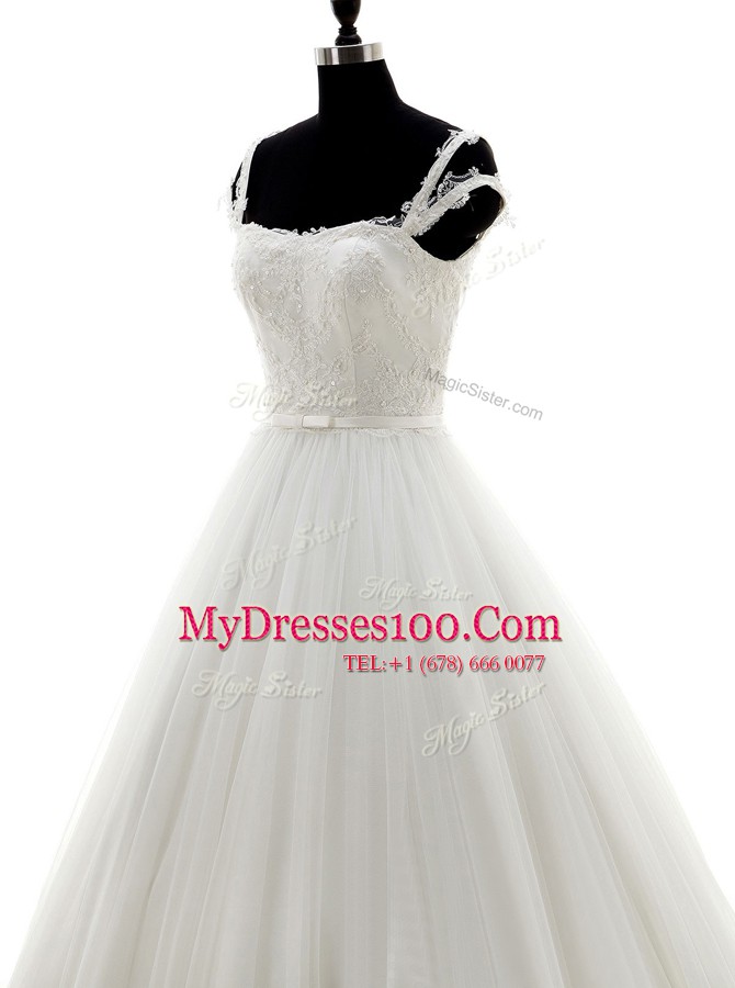 Spaghetti Straps Sleeveless Brush Train Lace Up Wedding Gowns White Tulle