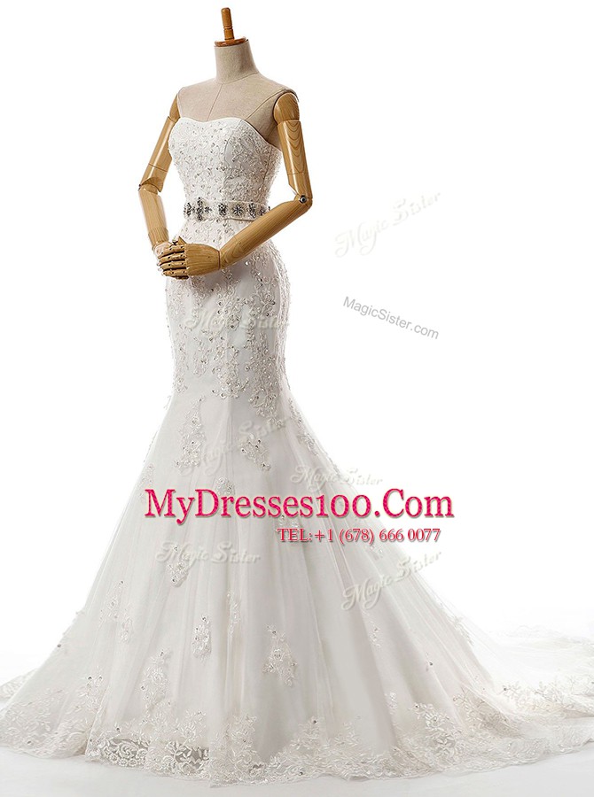 Mermaid Sweetheart Sleeveless Lace Wedding Gown Beading and Lace and Appliques Brush Train Lace Up