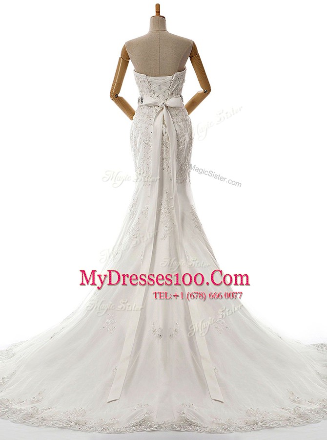 Mermaid Sweetheart Sleeveless Lace Wedding Gown Beading and Lace and Appliques Brush Train Lace Up