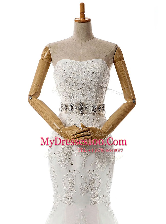 Mermaid Sweetheart Sleeveless Lace Wedding Gown Beading and Lace and Appliques Brush Train Lace Up