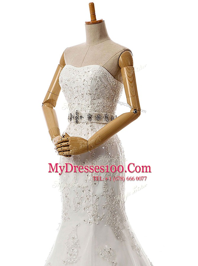 Mermaid Sweetheart Sleeveless Lace Wedding Gown Beading and Lace and Appliques Brush Train Lace Up