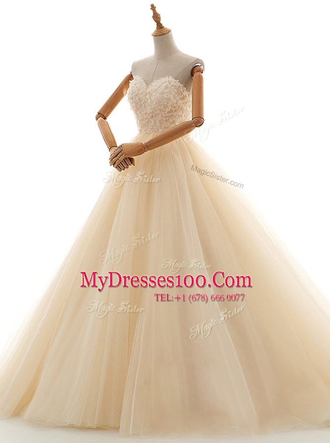 Cute Sleeveless Tulle Floor Length Lace Up Wedding Dress in Champagne with Lace