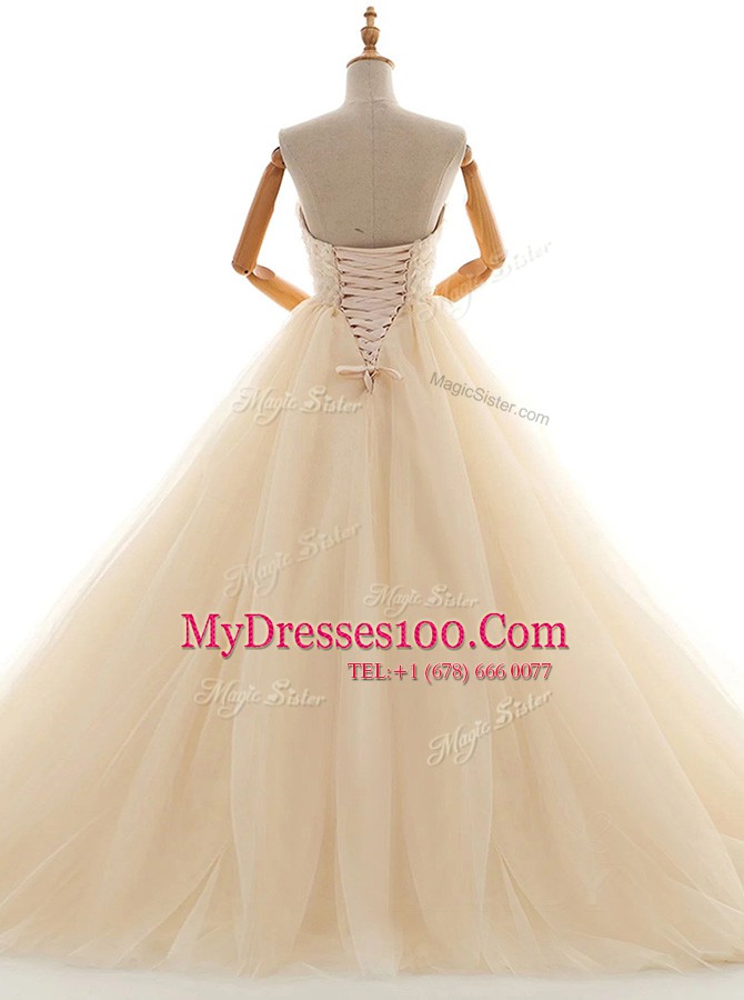 Cute Sleeveless Tulle Floor Length Lace Up Wedding Dress in Champagne with Lace