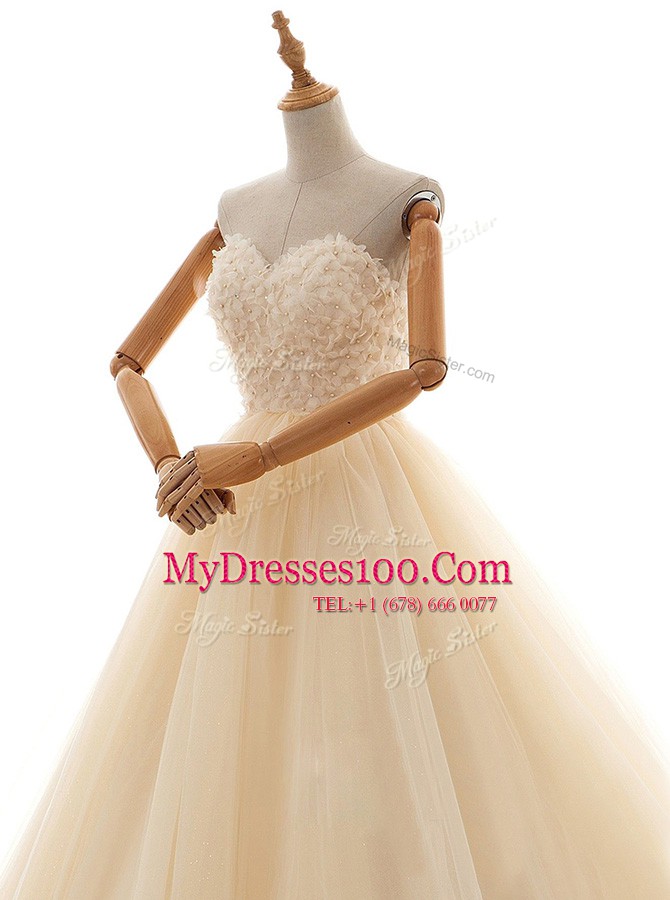 Cute Sleeveless Tulle Floor Length Lace Up Wedding Dress in Champagne with Lace