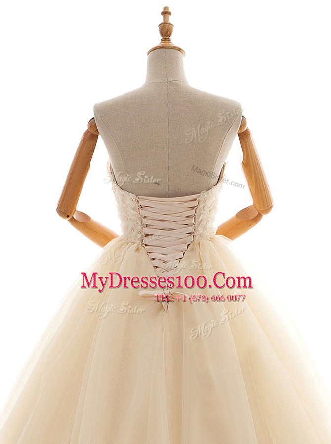 Cute Sleeveless Tulle Floor Length Lace Up Wedding Dress in Champagne with Lace
